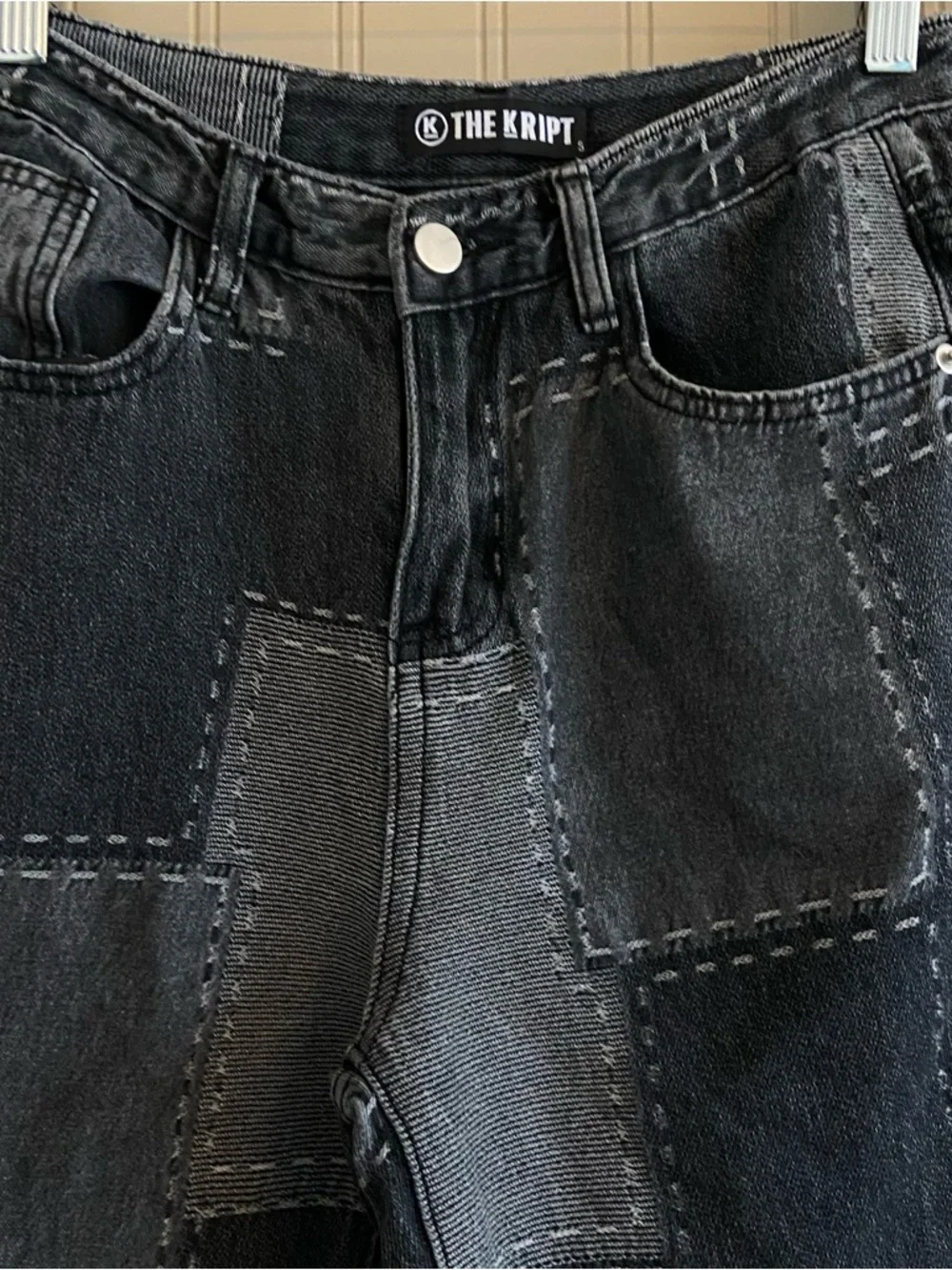 The Kript Super Soft Black Grey Patchwork Wide Leg Jeans Women’s Small 28 - Picture 3 of 4